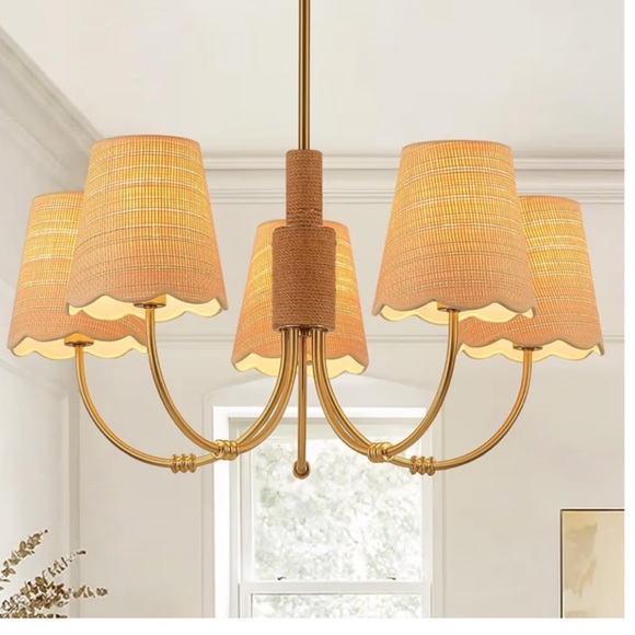 NIB Boho Rattan Chandelier Fabric Shade Antique Gold Brass 5-Lights Hemp Rope